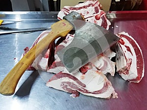 Butcher shop. Preparation of meat for sale photo