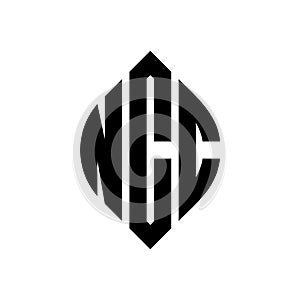 NCC circle letter logo design with circle and ellipse shape. NCC ellipse letters with typographic style. The three initials form a