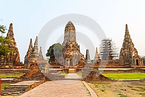 Ncient ruin and The great pagoda at Wat Chai Wattanaram at sunset