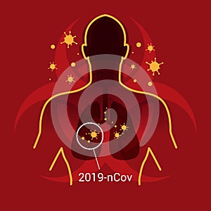 2019-nCoV corona virus concept with virus enters the lungs human on red biohazard virus sign background vector design