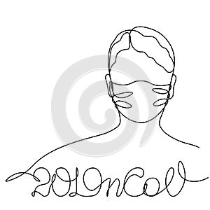 2019nCOV girl in a protective mask, profile portrait drawn in one line. Isolated stock vector illustration photo