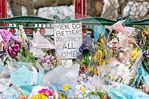 ND- 16 March 2021: Flowers and tributes at Clapham Common Bandstand, in memory of Sarah Everard, who was kidnapped and murdered by