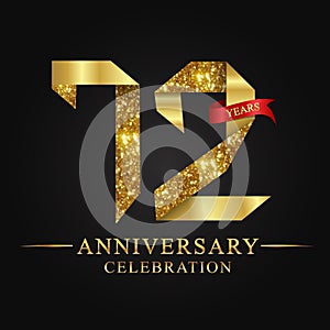 72nd anniversary years celebration logotype. Logo ribbon gold number and red ribbon on black background.