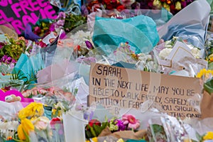 CLAPHAM, LONDON, ENGLAND- 16 March 2021: Flowers and tributes at Clapham Common Bandstand, in memory of Sarah Everard