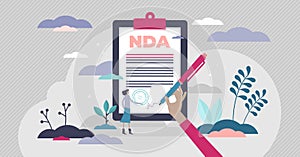 NDA non-disclosure document concept, flat tiny person vector illustration