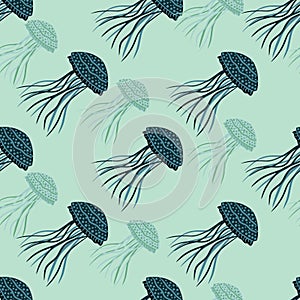 NDark navy blue jellyfish silhouettes seamless pattern. Light turquoise background. Simple aqua print