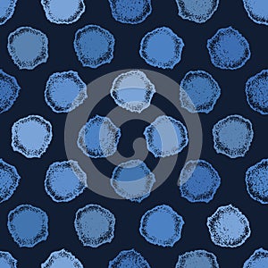 Ndigo blue hand drawn spotted polka dot circles seamless pattern. Sketchy dotty vector illustration.