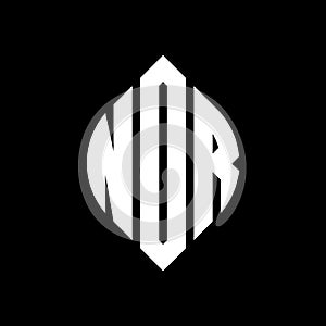 NDR circle letter logo design with circle and ellipse shape. NDR ellipse letters with typographic style. The three initials form a