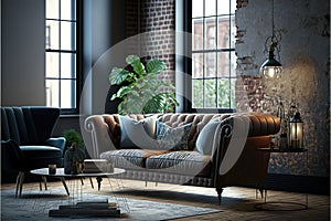 ndustrial loft living room interior with sofa,chair and brick wall.3d rendering