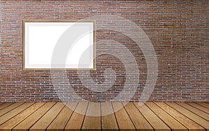 0ne large picture frames mounted on a red brick wall with wooden floors and space for the background