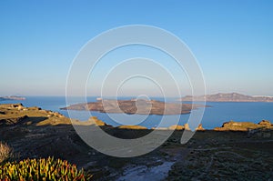 Nea Kameni and Palea Kameni Island taken form Santorini in Gree