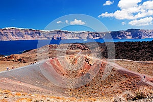 Nea Kameni volcanic island in Santorini, Greece