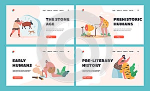 Neanderthal Characters Lifestyle Landing Page Template Set. Prehistoric Ages People Wear Animal Skin Use Primitive Tools