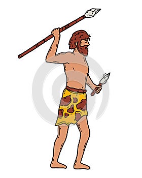 Neanderthal, male caveman with a spear, vector illustration