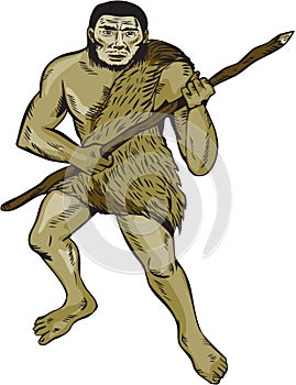 Neanderthal Man Holding Spear Etching