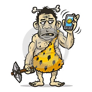 Neanderthal man holds mobile phone