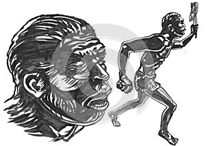 Neanderthal man & x28;Homo sapiens neanderthalensis& x29;. Bigfoot, Yeti. Watercolour illustration, format