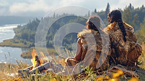 Neanderthal, primitive man, homo sapiens, prehistoric people sitting around a fire. Man learned to make fire. photo