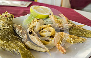 Neapolitan plate with fried fish and seafood