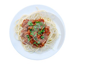 Neapolitan ragu with spaghetti isolated overhead