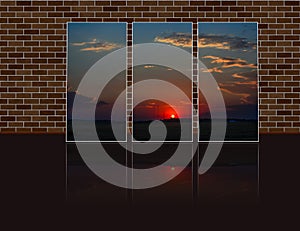 Near the brick wall triptych photo with crimson red sunset