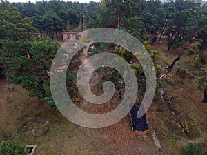 Abandoned and vandalised Soviet military base drone image.