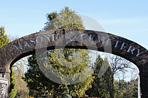 Stone archway at entrance to Masonic Cemetery, Canyonville, Oregon