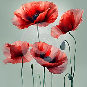 Nearby corollas of magical red poppies, watercolor transparent variegated red color, and a shaded light gray background