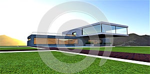 Nearest future. Tecnological suburban house in the mountains at the time of sinrise. Stylish walkways on the green lawn. 3d