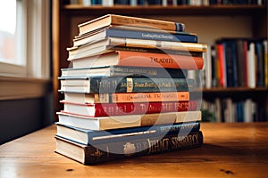 A neat arrangement of books stacked on a wooden table, providing a collection of knowledge and educational material, Classic