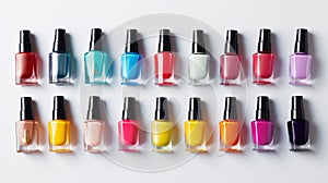 A neat array of colorful nail polish bottles in various shades neatly aligned on a white background, showcasing a spectrum of