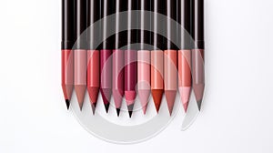 a neat array of lip pencils in a gradient from red to against a clean white backdrop