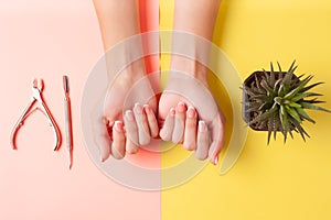 Neat beautiful french manicure on the hands of a young woman. Tool for cutting nails. Minimalism concept for nail care