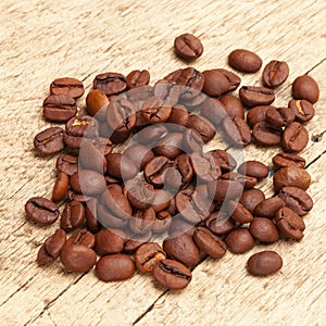 Neat coffee beans over old wooden table
