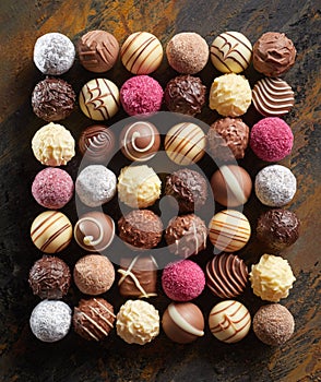 Neat flat lay of luxury chocolate pralines