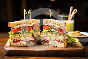 a neat halved clubhouse sandwich on a wooden board
