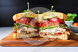 a neat halved clubhouse sandwich on a wooden board