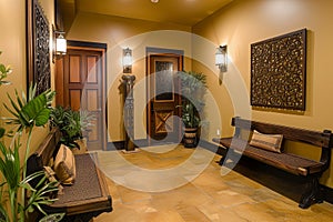 neat, inviting entryway with benches and warmtoned decor