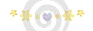 Neat little vignette of six stars and one gray-blue heart.  Decorative design element. Hand painted watercolor illustration.