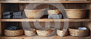 Neat and Natural: Organized Shelves with Wicker Baskets. Concept Organized Shelves, Wicker Baskets,