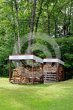 Neat and orderly stacks of cut wood,under cover of sheds