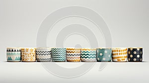 A neat row of ceramic mugs, each with unique colorful patterns, from polka dots to zigzags, displayed against a light background photo