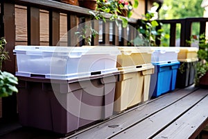 a neat row of plastic storage boxes on a patio