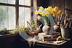 Neat small bouquet golden daffodil flower in pot on wooden table, Bouquet