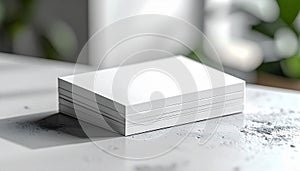 Stack of Blank White Business Cards on a Textured Surface with Soft Lighting Keywords: business cards, blank, white