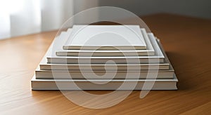Stack of Blank White Books on Wooden Table