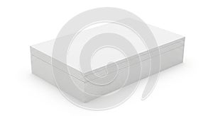 A neat stack of blank white rectangular cards or business cards on a white background with a subtle shadow