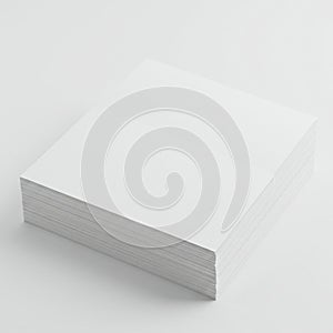 A neat stack of blank white sheets of paper on a white surface. The papers are uniform