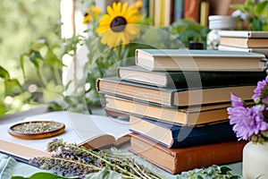 A neat stack of books placed on a sturdy table, Various holistic medicine books stacked on a table, AI Generated