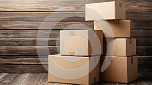 Stacked Cardboard Boxes Rustic Packaging on Wood Background